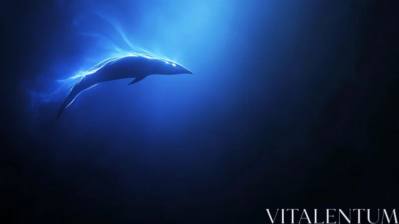 Luminous blue whale silhouette gliding through deep void.