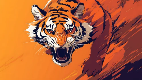 Dynamic vector illustration of roaring tiger in mid pounce