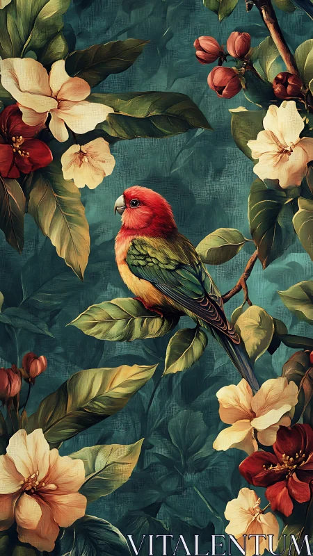 Parrot on foliage branch rendered with textured digital brushwork