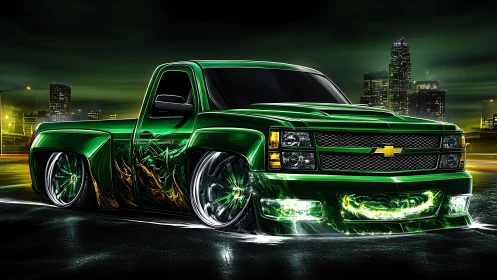 Green custom Chevy truck in neon city night scene.