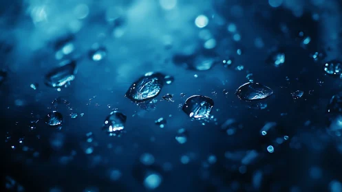 Macro water droplets rest on dark blue reflective surface
