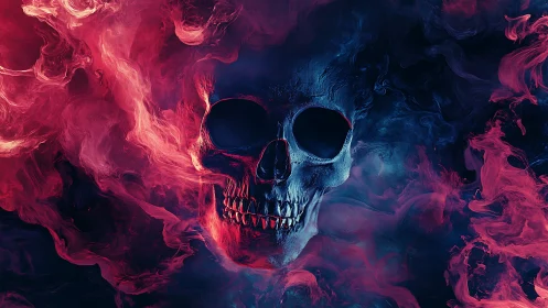 Smoke-born skull laughs quietly inside neon stormclouds