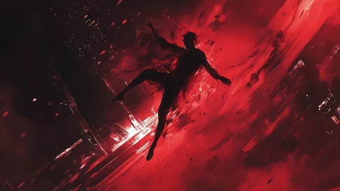 Crimson storm swallows the falling silhouette between worlds