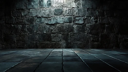 Brooding stone chamber floor awaits drama in a lone glow.