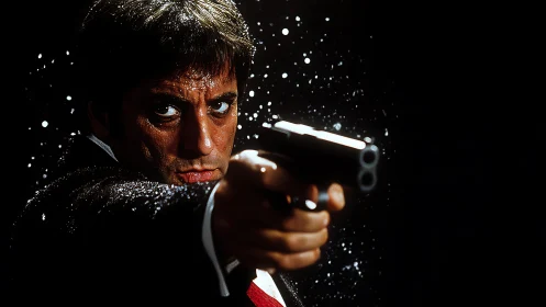 Man in suit points handgun forward in dramatic low light