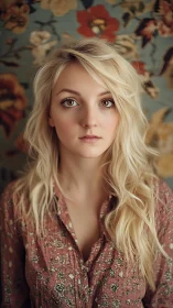 Portrait of blonde woman against patterned floral backdrop.