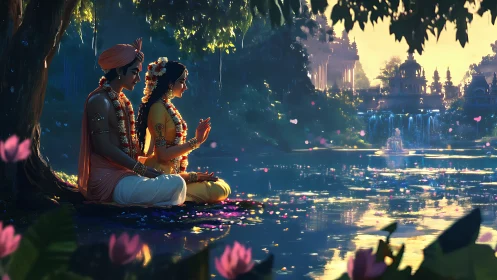 Soft evening devotion unfolds beside a glowing lotus lake