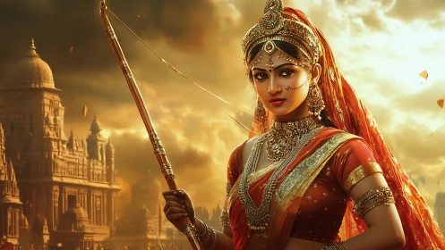 Warrior queen in ornate sari before ancient temple battlements.