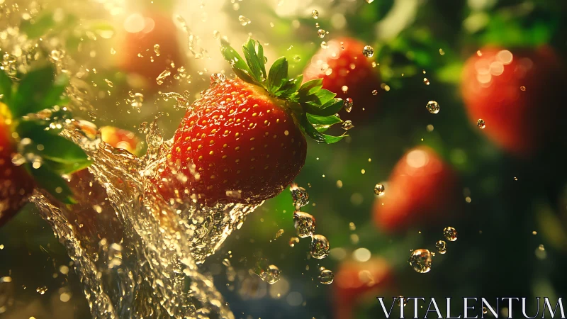 High-speed macro capture isolates sunlit strawberries in dynamic splash