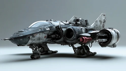 Rugged sci fi starfighter resting between distant missions.