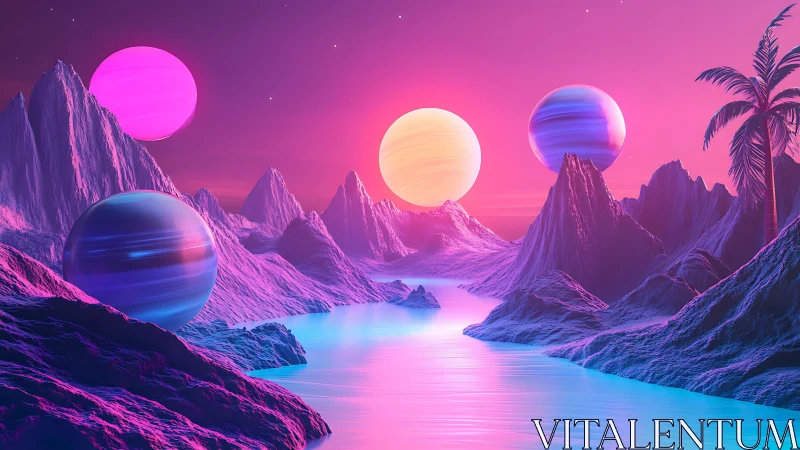 Surreal neon alien landscape shows luminous spheres over water