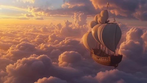 Baroque wooden airship sailing through sunset cumulonimbus cloudscape