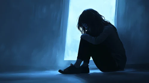 Silhouetted figure seated by window in monochrome blue interior.