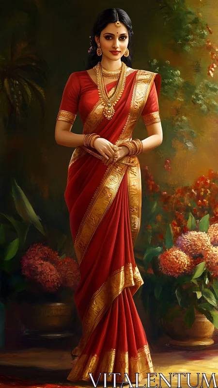 Digital portrait shows woman in red sari with gold jewelry