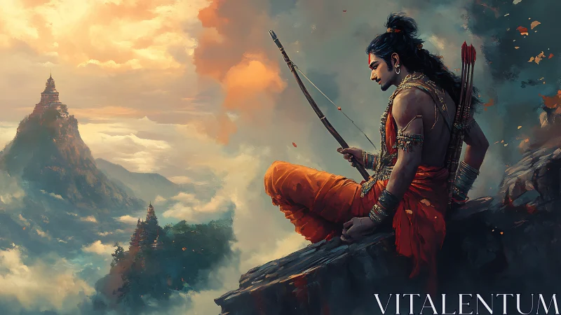 Epic archer on cliff ledge overlooking misty temple mountains