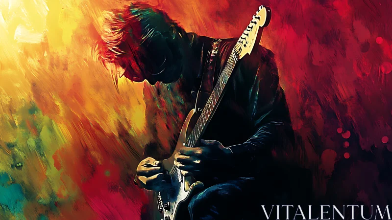 Silhouetted electric guitarist is rendered against diffuse colors
