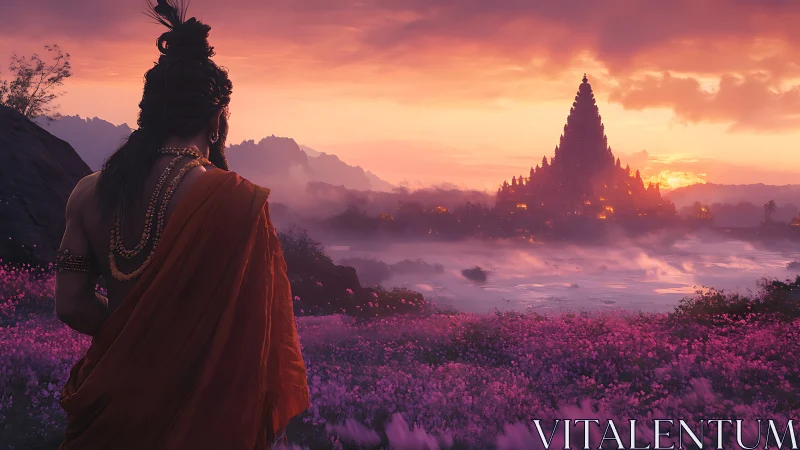 Sunset pilgrimage toward the glowing riverside temple.