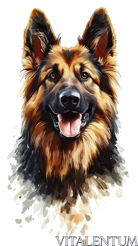 Expressive German Shepherd portrait rendered in fluid watercolor