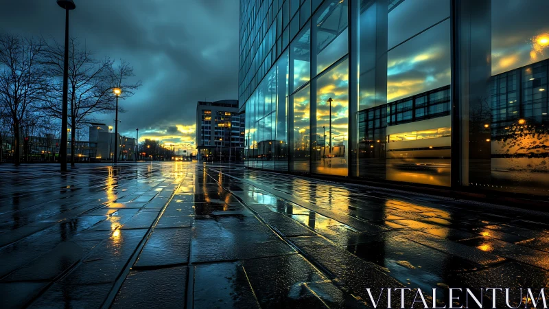 Urban glass facade with wet pavement at dusk reflection.