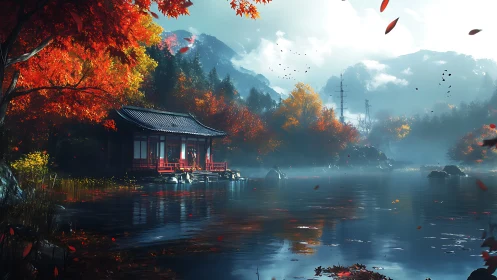 Autumn lakeside temple beneath misty mountains at dawn.