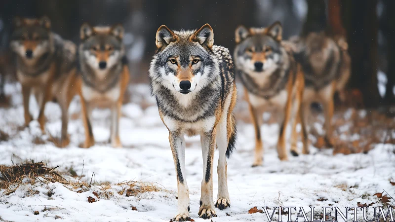 Alpha wolf advances across snowy forest floor, pack in soft focus