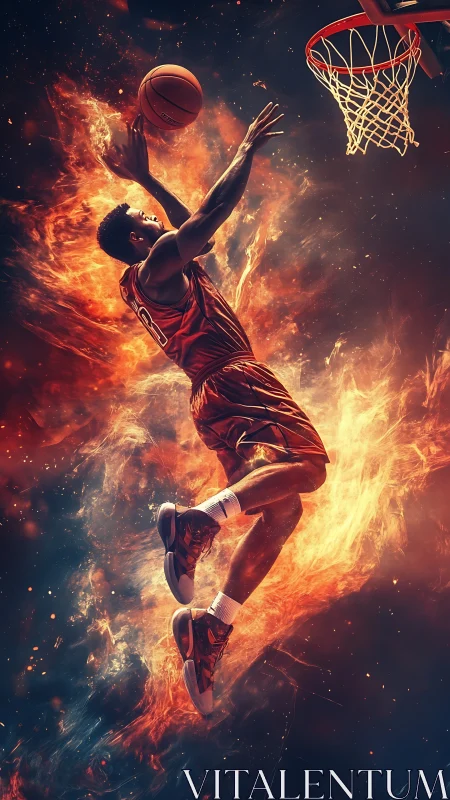 Kinetic basketball dunk amid volumetric flame dynamics.