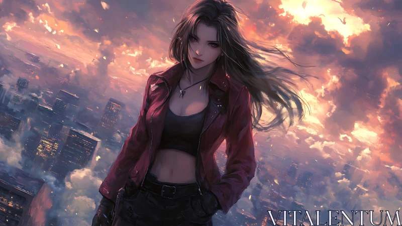Digital painting of wind-swept heroine over glowing cityscape.