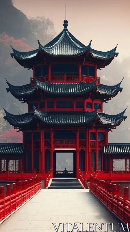 Multi-tier red pagoda with bridge in misty mountain setting.
