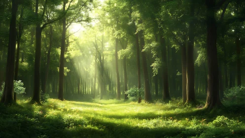 Sunlit Forest Clearing with Lush Greenery in Photorealistic Style.