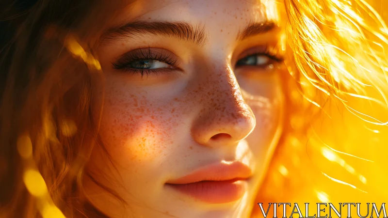 Sunlit freckled portrait glows with soft golden warmth