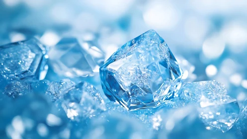 Glistening blue ice cubes shimmer in a cool luminous glow