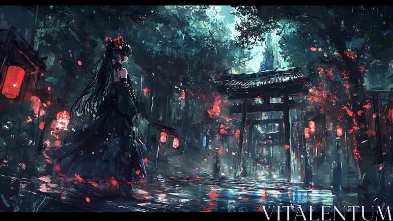 Girl in dark gown crosses lantern-lit shrine gate at night