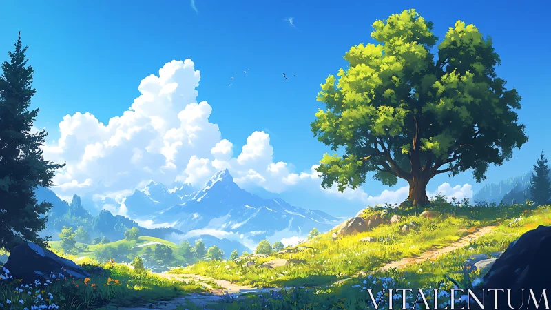 Sunlit tree on alpine meadow before distant peaks.