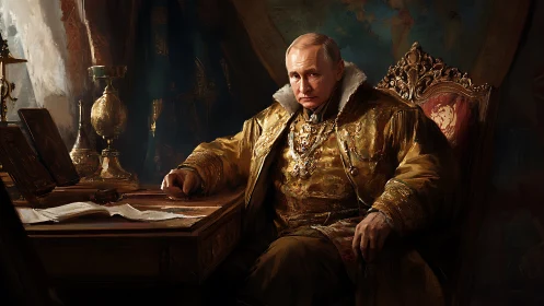 Regal statesman at ornate desk in baroque oil portrait style.