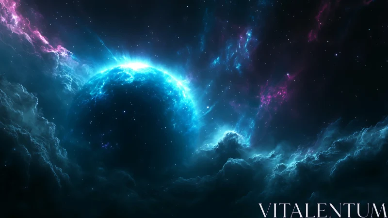 Glowing blue planet cradled in dreamy cosmic clouds.