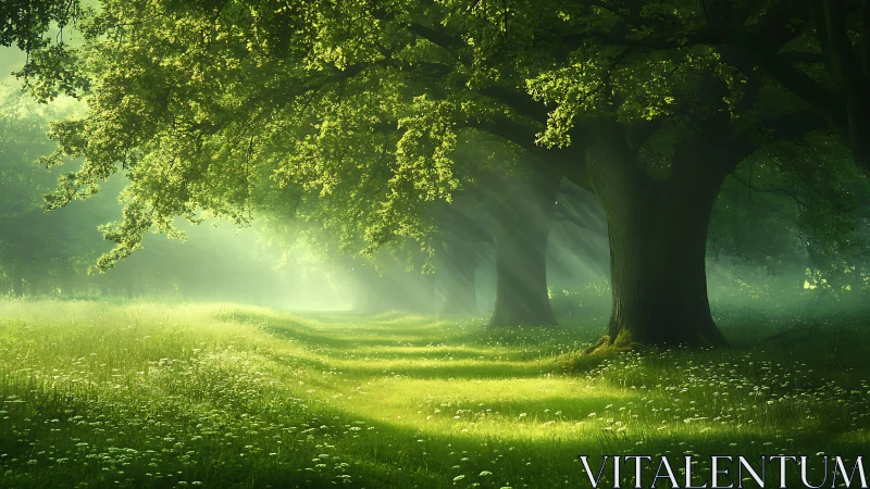 Sunlit Forest Path with Tall Trees and Soft Morning Light.
