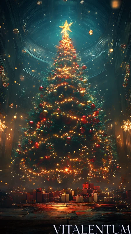 Cathedral-scale Christmas tree with luminous star topper