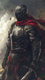 Digital painting of armored knight with red cloak in stormy field.