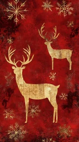 Golden reindeer silhouettes on cozy red winter backdrop.
