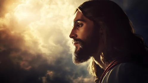 Golden dawn cradles a serene bearded figure in quiet profile