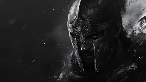 Brooding armored warrior steps from shadow with quiet strength