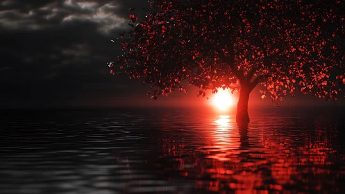 Backlit red tree over reflective water at low sun horizon