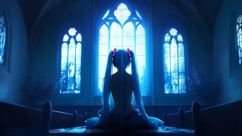 Neon-haired girl prays in moonlit cathedral hush.