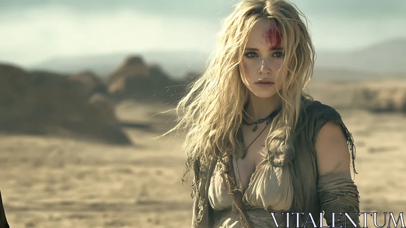 Dust-scarred wanderer in tattered desert survival attire.