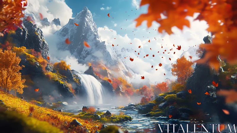 Crimson autumn leaves dance around a bright mountain waterfall
