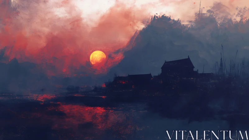 Fiery crimson sunset engulfs misty lakeside village silhouettes.
