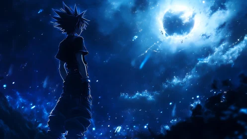 Silhouetted anime boy observes glowing moon in starry sky