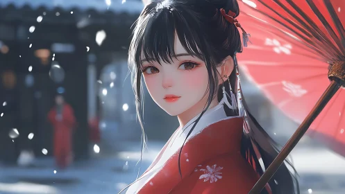 Snowlit gaze lingers beneath a crimson winter umbrella