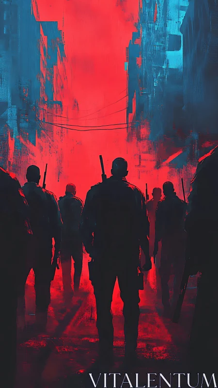 Paramilitary silhouettes in neon-contrasted urban killzone corridor.