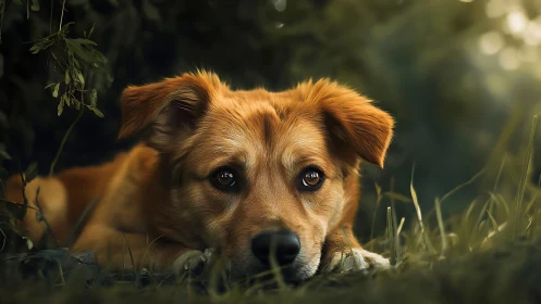 Dog lies on grass in shallow depth of field outdoor scene